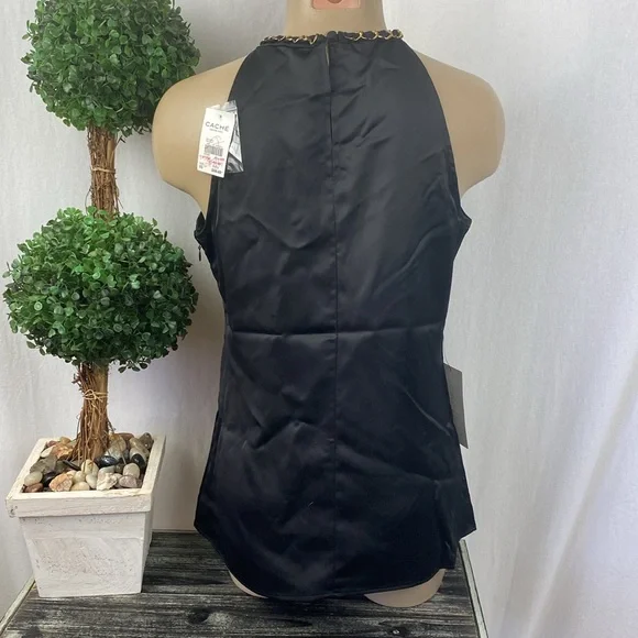 Cache Black Sleeveless Chain Trim Plunge Front Top Blouse XS NEW - Picture 4 of 7